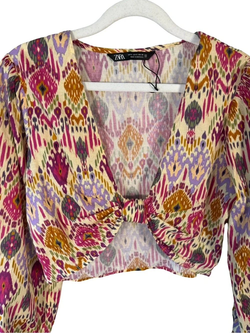 Zara Multicolor Ikat Tie-Front Long Sleeve Crop Top Size S Boho Y2K Festival - Picture 8 of 10